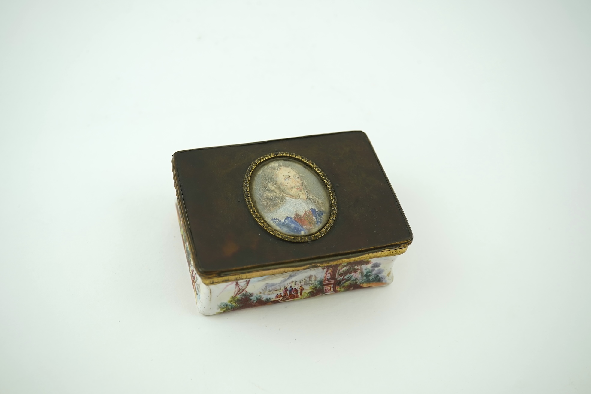A Continental enamel on copper and tortoiseshell mounted portrait snuffbox, late 18th/early 19th century
